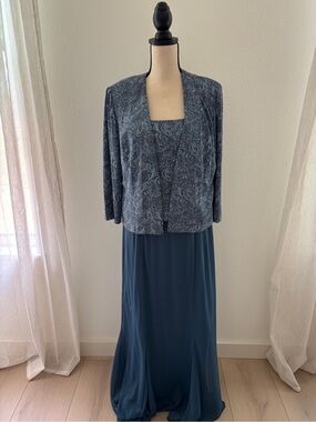 Alex Evenings Blue Paisley Jacket with Navy Maxi Skirt